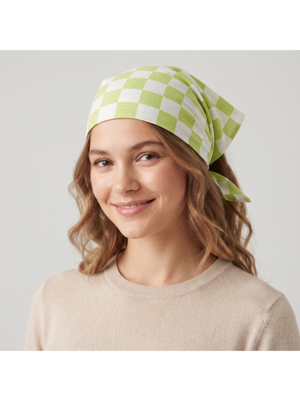 Unbranded Lime Green & White Check Print Bandana Head Scarf size 22.5" x 21.75"